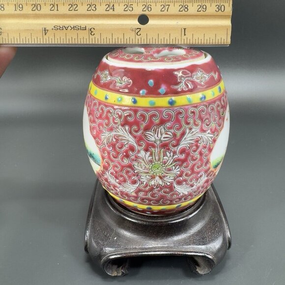 Republic Of China Porcelain Ginger Jar Canister Container Wood Stand Marked VTG - Picture 5 of 16